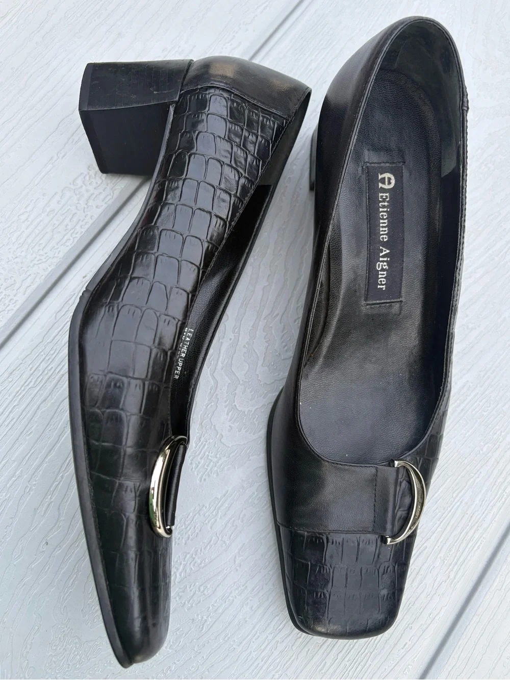 VTG Etienne Aigner Leather Pumps Black Leather Block Heels Womens 7.5 Office